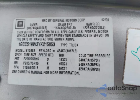 2000 Chevrolet S-10 Ls from USA, damaged, VIN 1GCCS19W3YK215053
